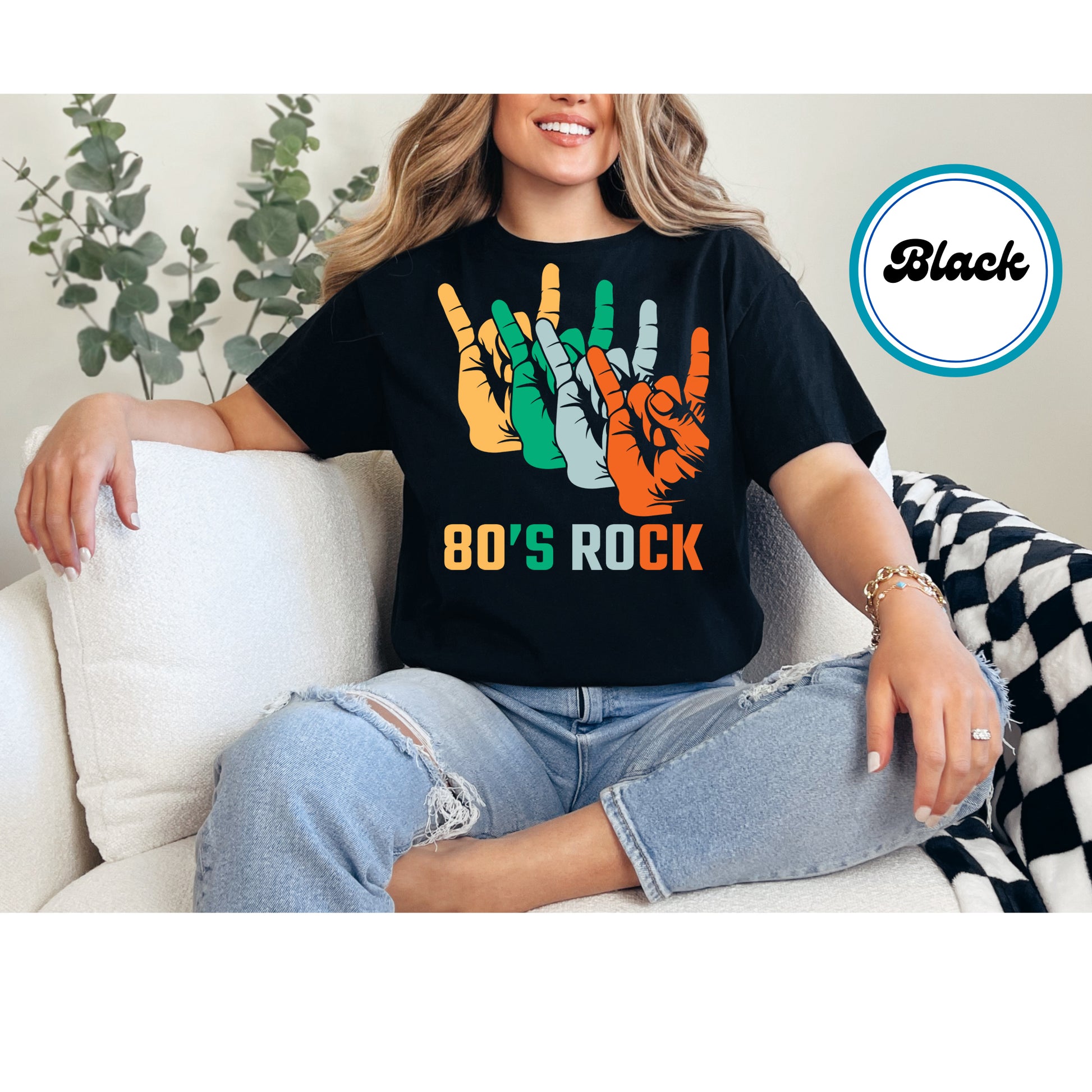 Multi-colored rock hand signs with 80’s Rock text in bold retro font.