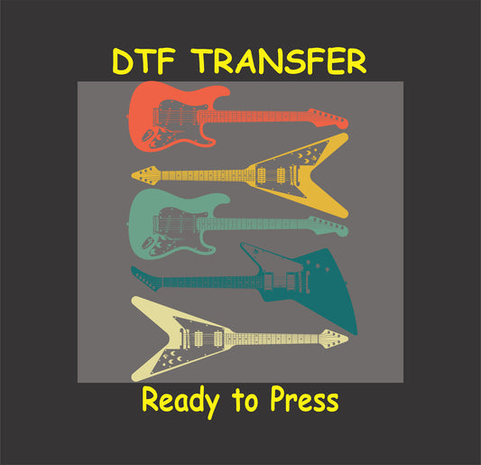 Multi-colored electric guitars arranged vertically in a retro rock style.