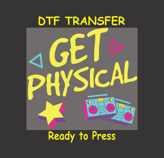 Neon-style "Get Physical" text with retro boomboxes and geometric shapes.