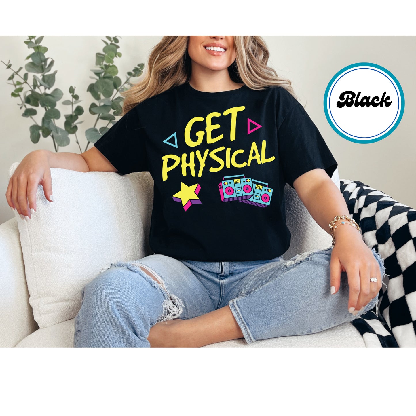 Neon-style "Get Physical" text with retro boomboxes and geometric shapes.