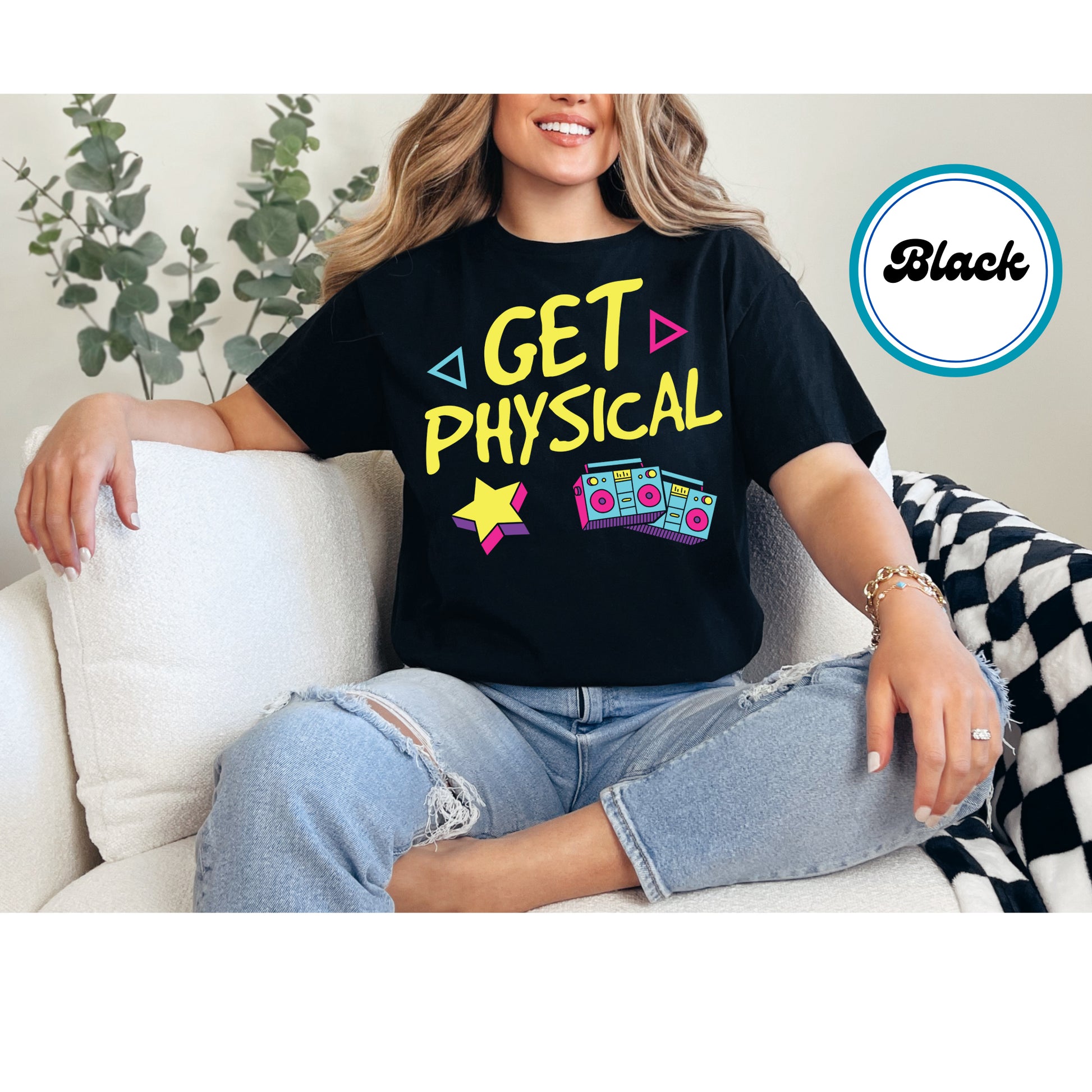 Neon-style "Get Physical" text with retro boomboxes and geometric shapes.