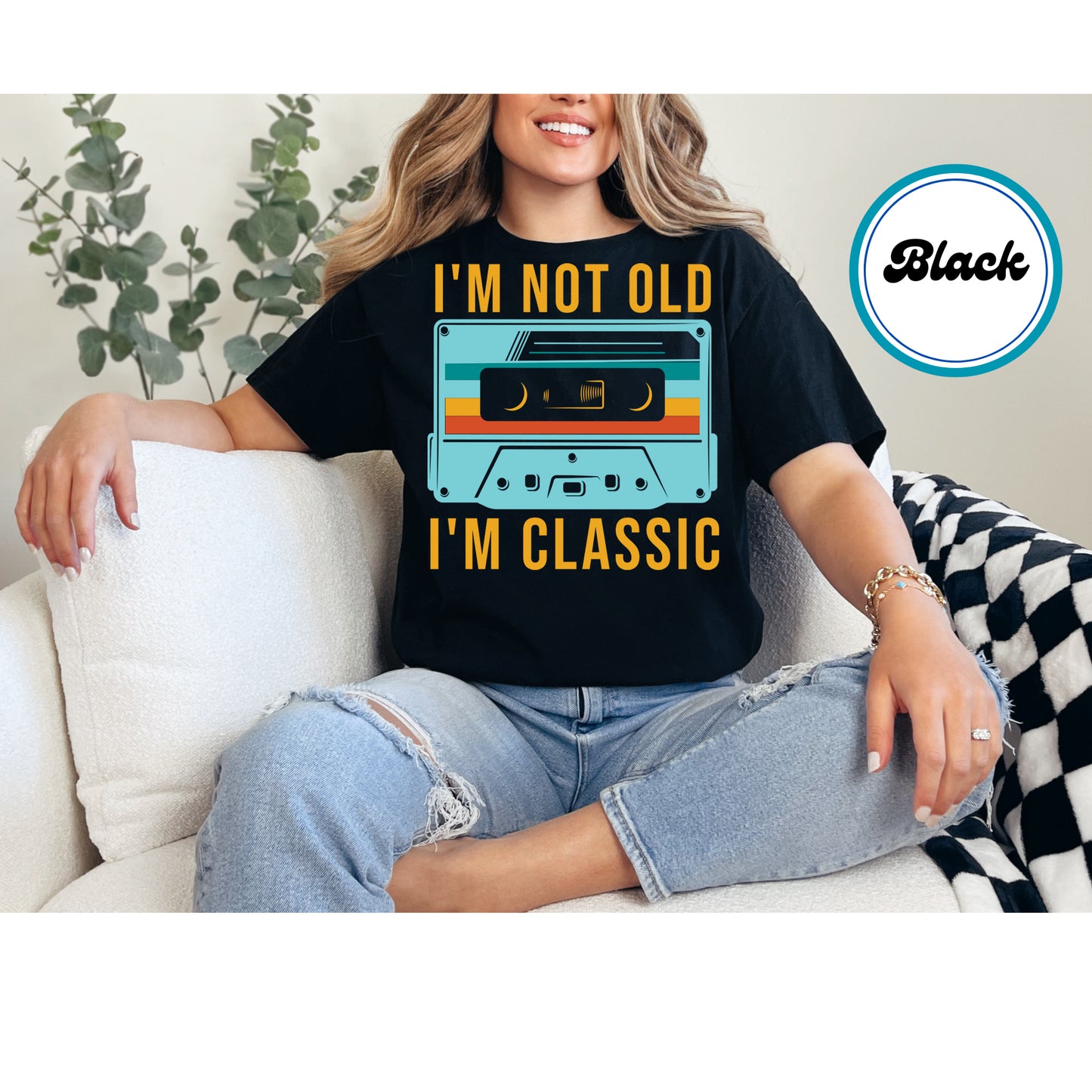 Retro cassette tape with "I'm Not Old, I'm Classic" text in bold vintage colors.