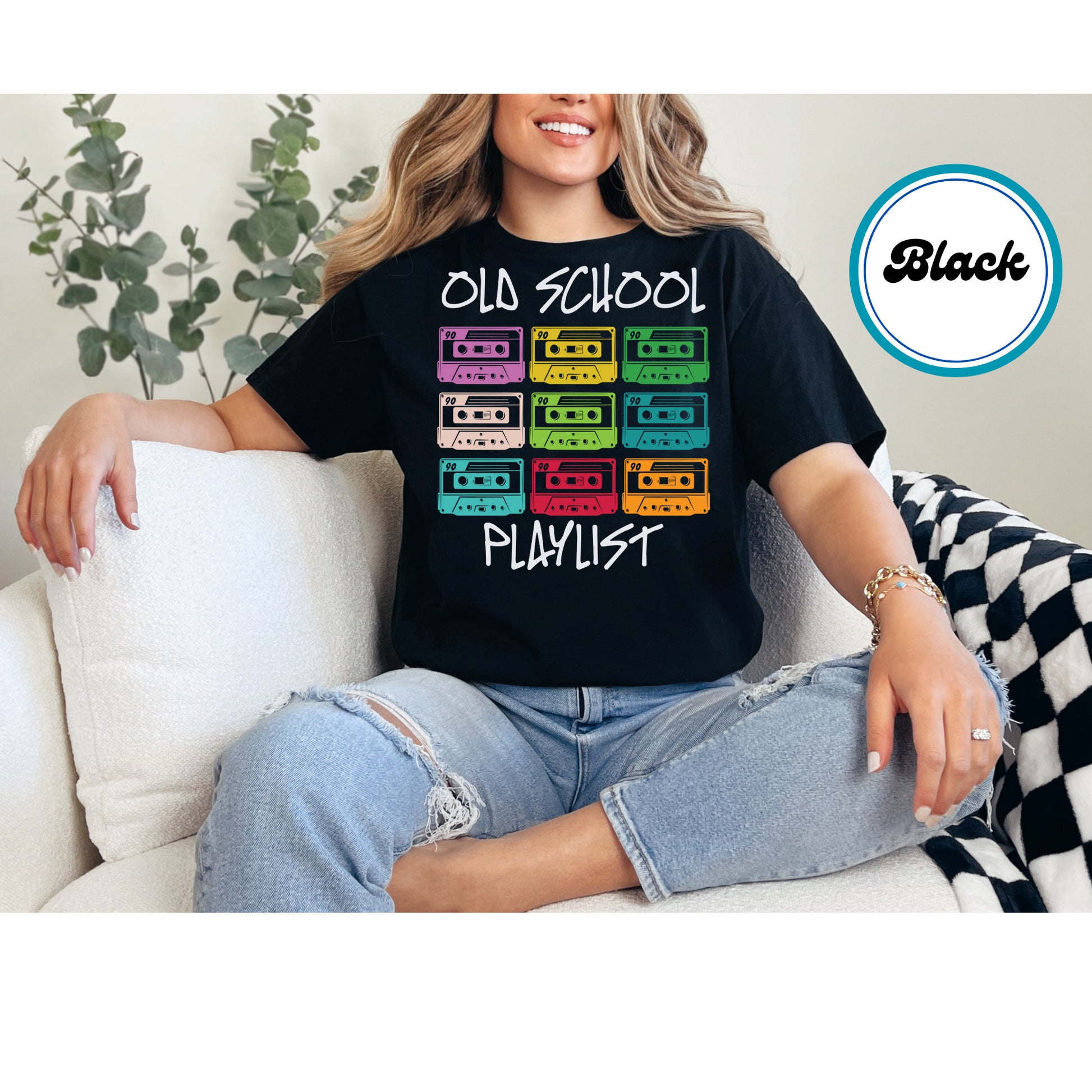 Colorful retro cassette tapes with "Old School Playlist" text in vintage style. 