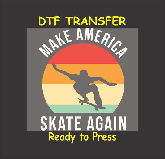 Skater silhouette jumping with "Make America Skate Again" text over a retro sunset.