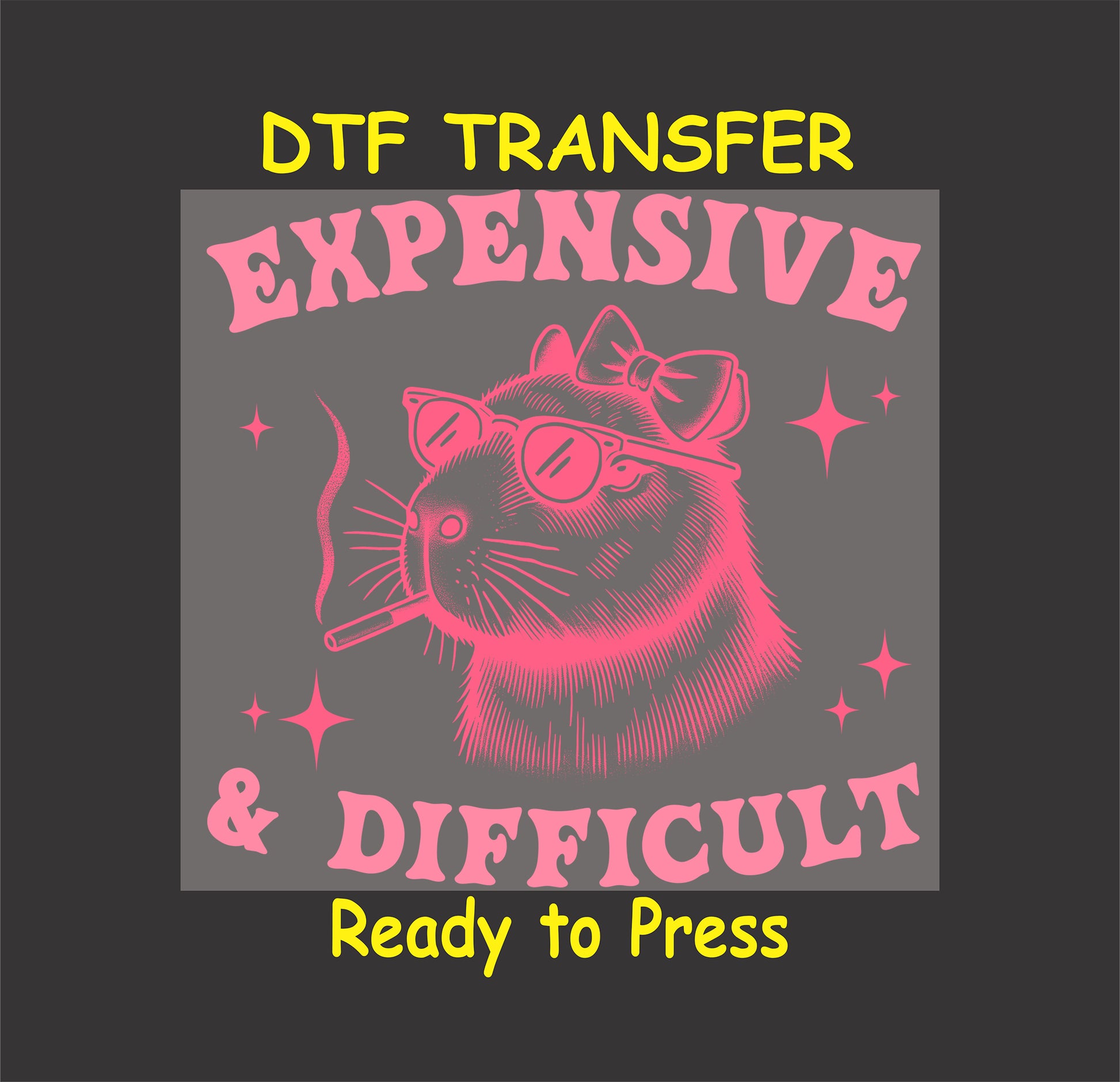 Capybara wearing sunglasses and a bow with "Expensive & Difficult" text in pink.