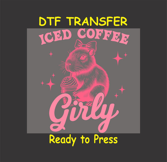 Capybara holding an iced coffee with "Iced Coffee Girly" text in pink and sparkles.