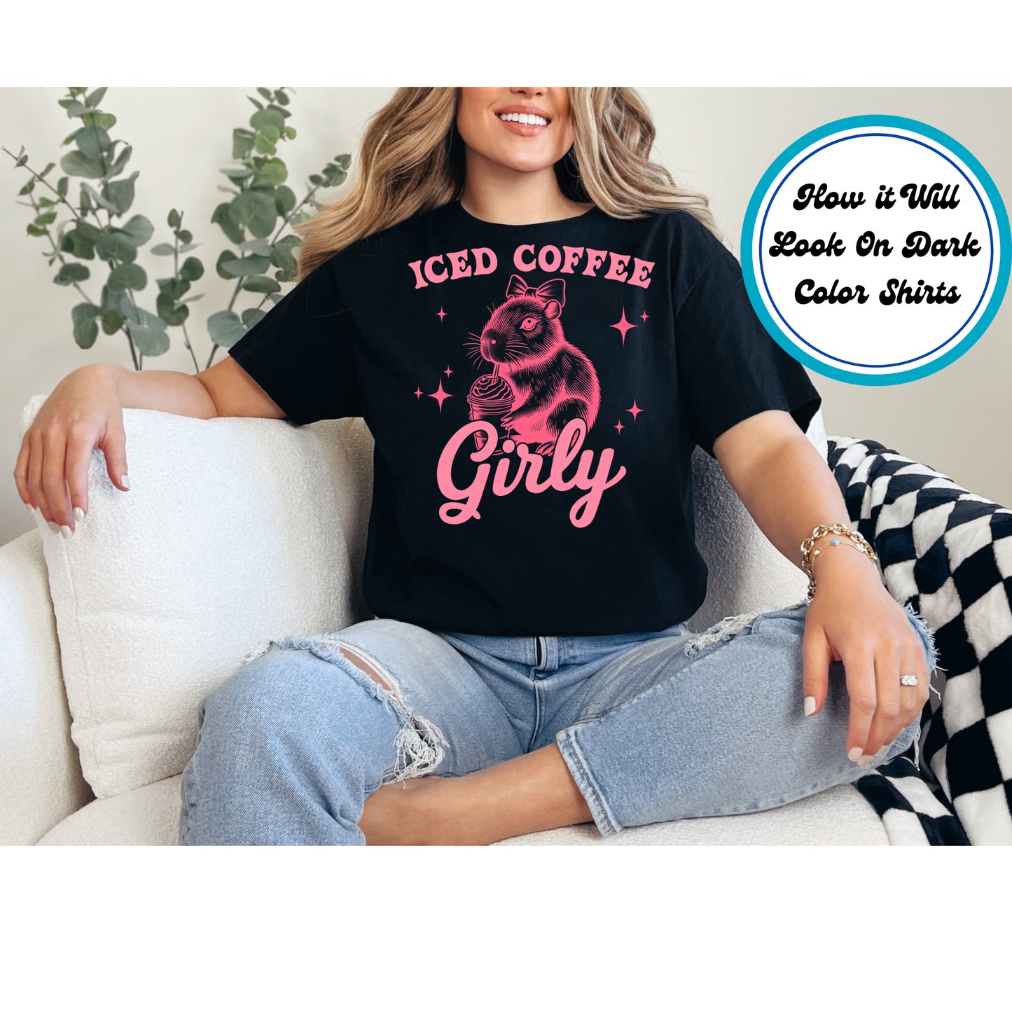 Capybara holding an iced coffee with "Iced Coffee Girly" text in pink and sparkles.