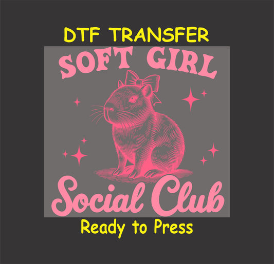 Capybara with a bow, "Soft Girl Social Club" text in pink, surrounded by sparkles.