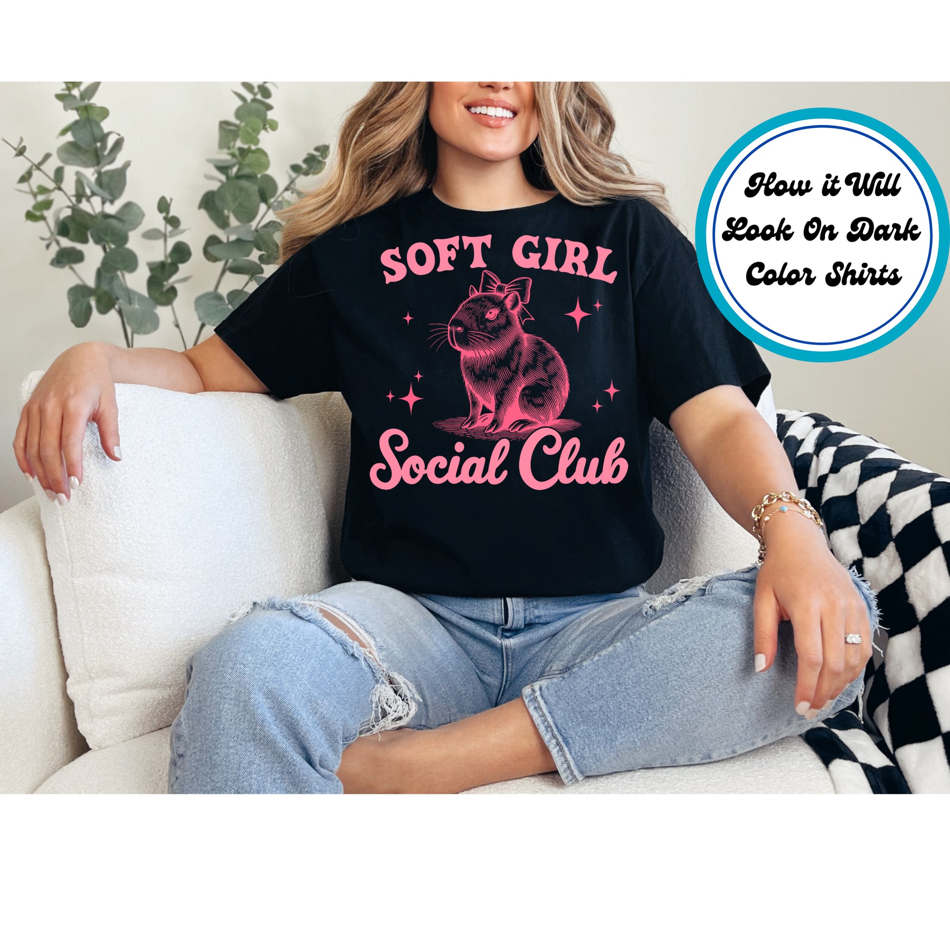 Capybara with a bow, "Soft Girl Social Club" text in pink, surrounded by sparkles.