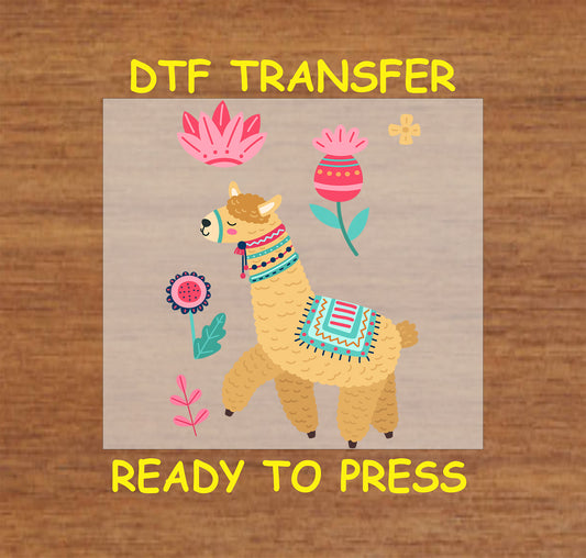 Boho-style llama with colorful blanket and floral accents on a beige background.