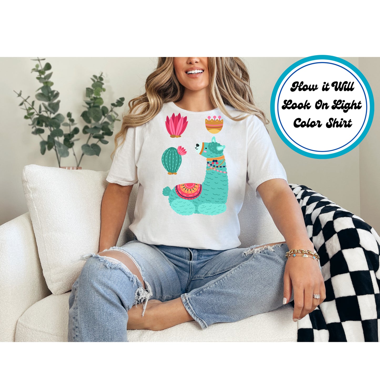 Teal boho llama with colorful blanket, cactus, and floral elements on a beige background.
