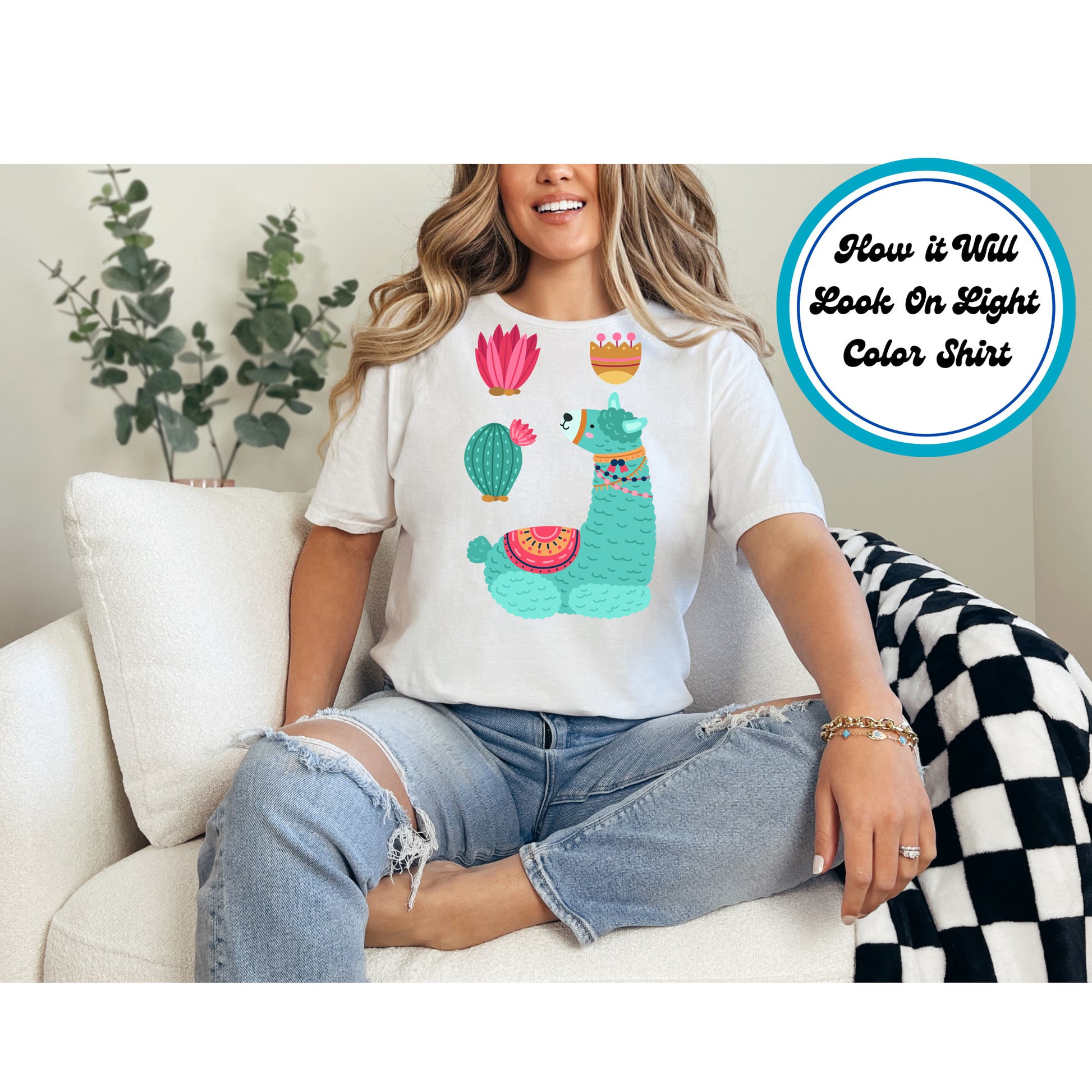 Teal boho llama with colorful blanket, cactus, and floral elements on a beige background.