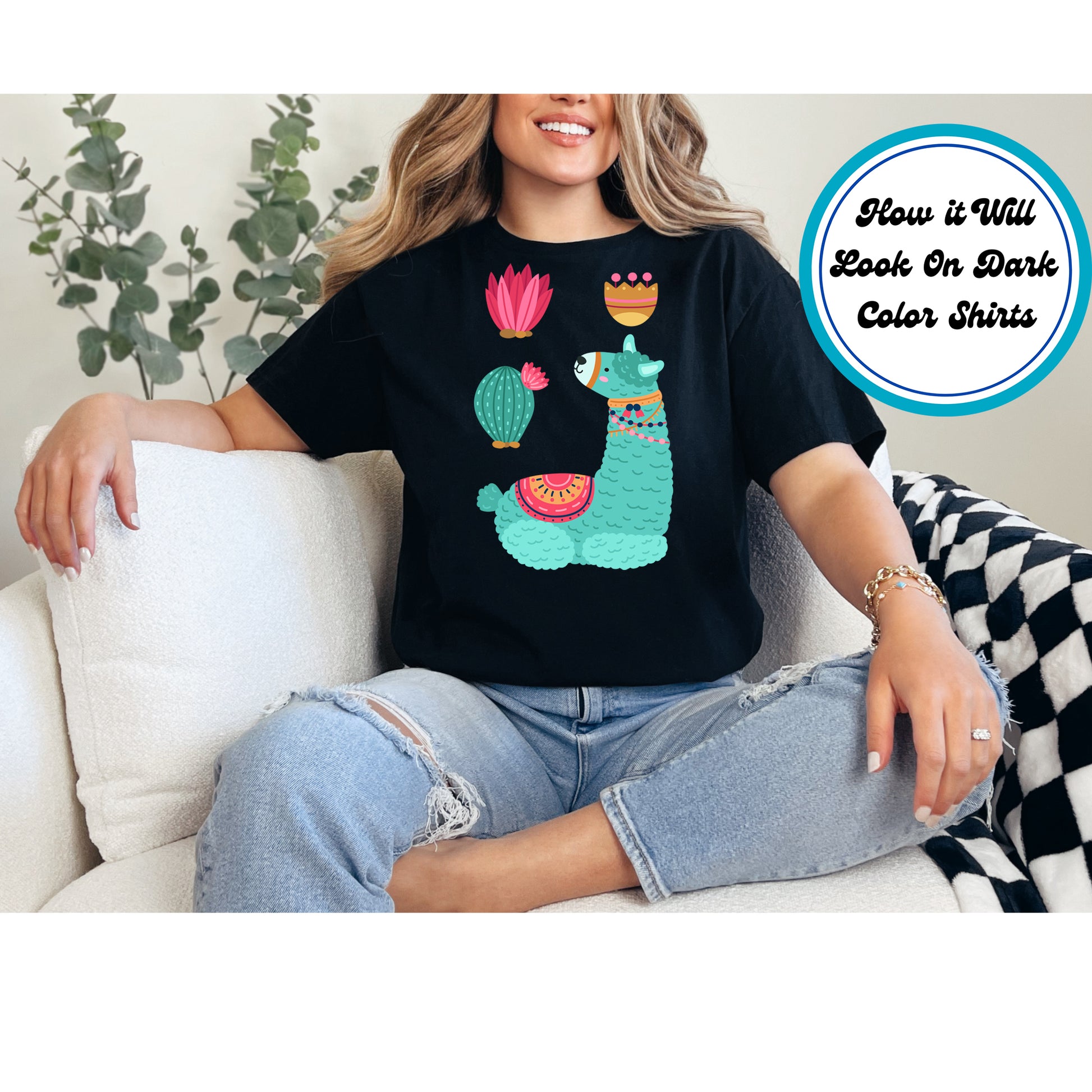 Teal boho llama with colorful blanket, cactus, and floral elements on a beige background.