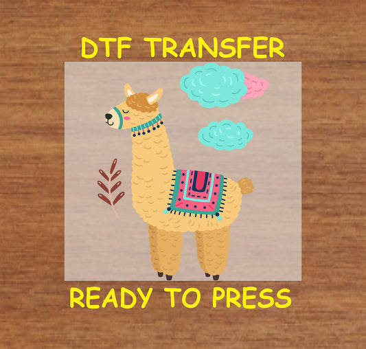 Tan llama with a colorful blanket, decorative patterns, and boho-style clouds on a beige background.