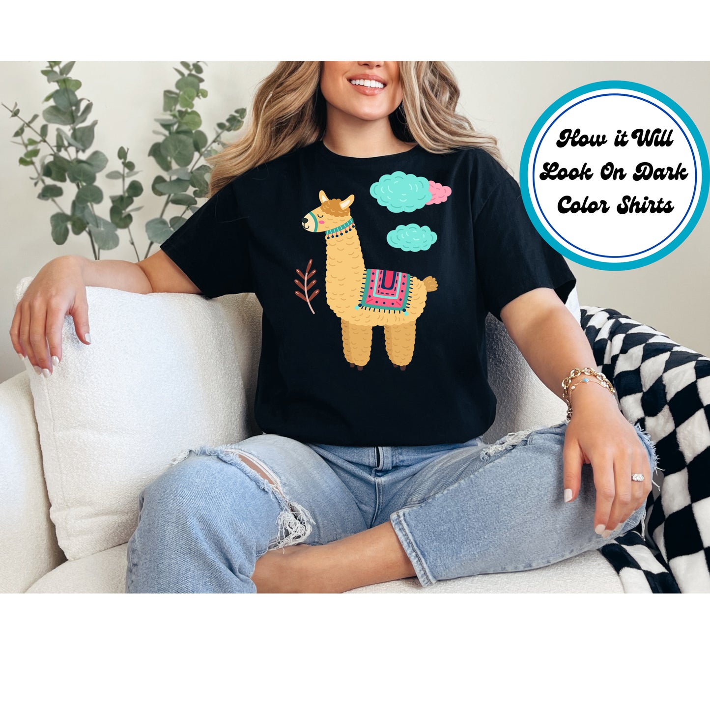 Tan llama with a colorful blanket, decorative patterns, and boho-style clouds on a beige background.