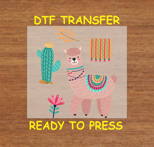 Fluffy pink llama with a colorful blanket, beaded necklace, a cactus, and a woven textile in a boho Southwest style.