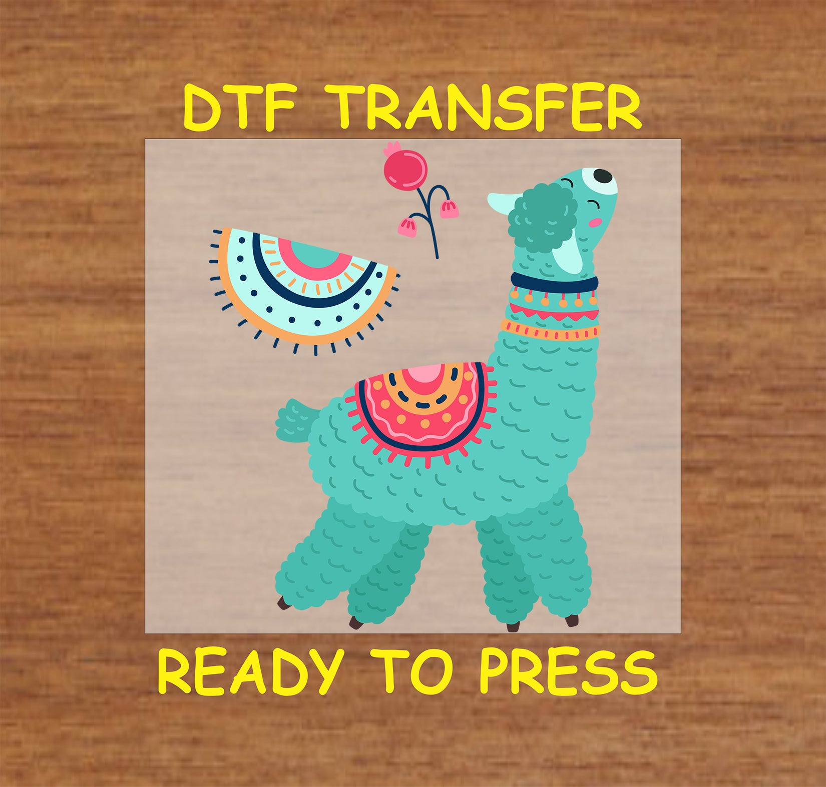 Fluffy teal llama with colorful blankets, beaded necklace, and floral elements in a boho Southwest aesthetic.