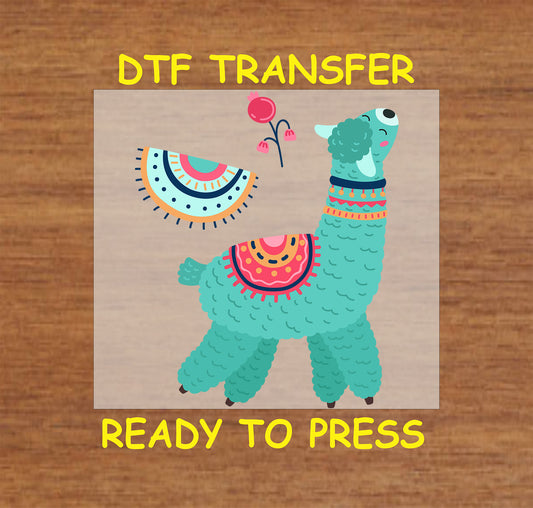 Fluffy teal llama with colorful blankets, beaded necklace, and floral elements in a boho Southwest aesthetic.
