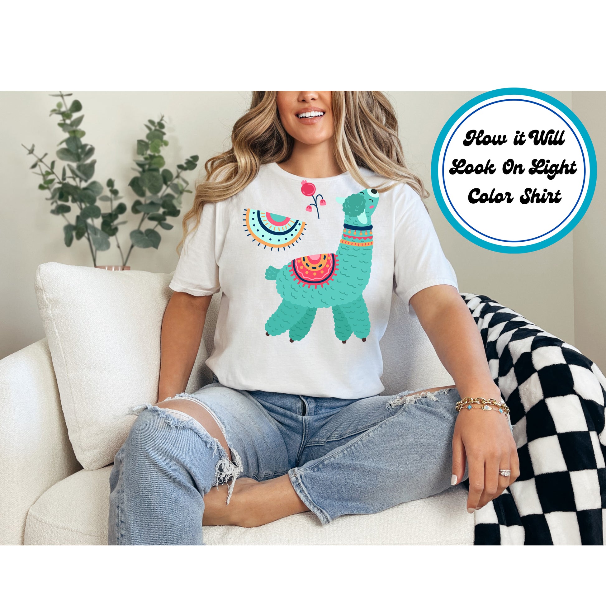 Fluffy teal llama with colorful blankets, beaded necklace, and floral elements in a boho Southwest aesthetic.