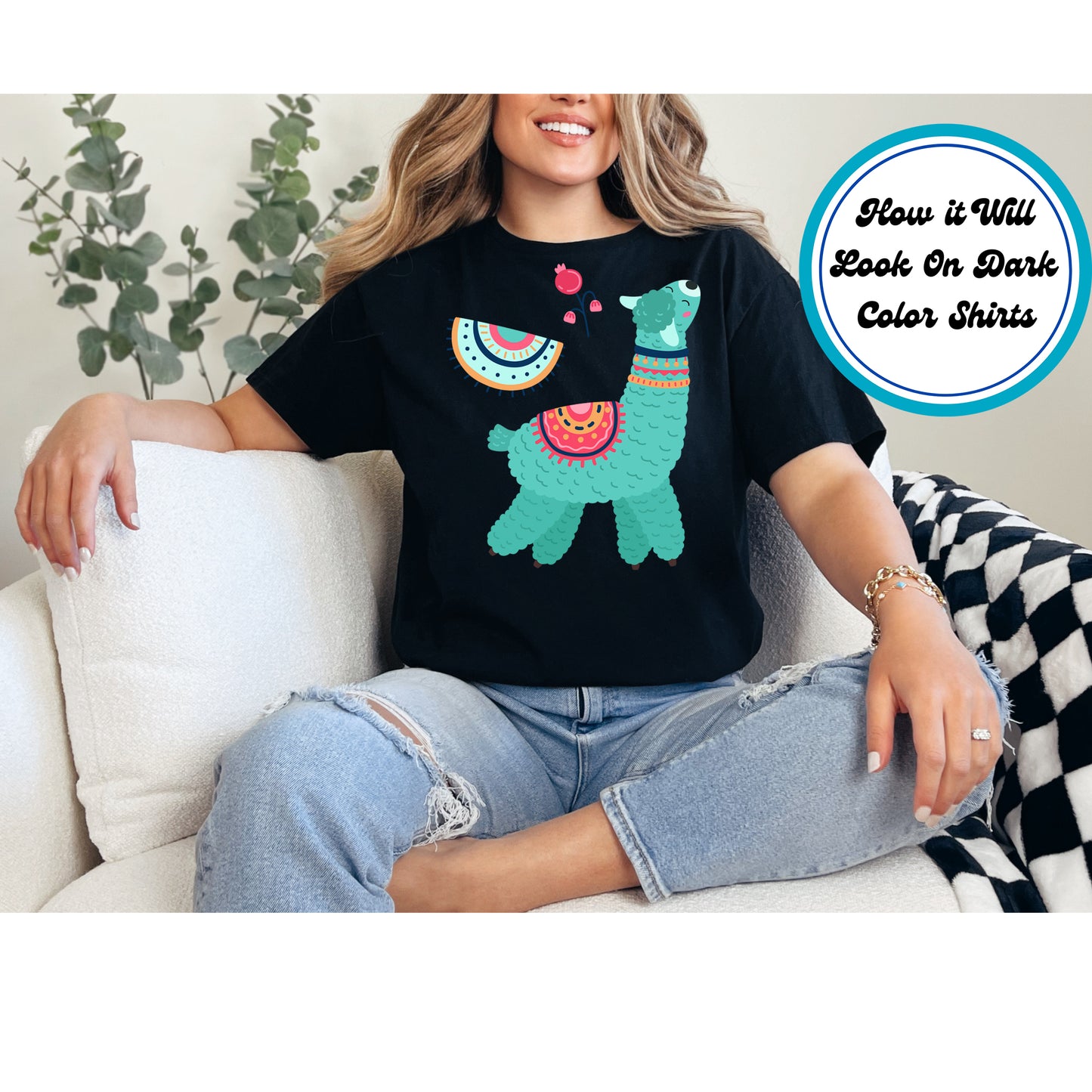 Fluffy teal llama with colorful blankets, beaded necklace, and floral elements in a boho Southwest aesthetic.