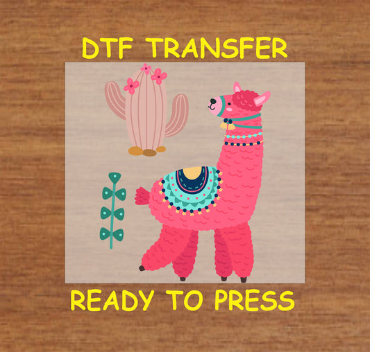 Pink fluffy llama with colorful blankets, beaded necklace, and cactus elements in a boho Southwest aesthetic.