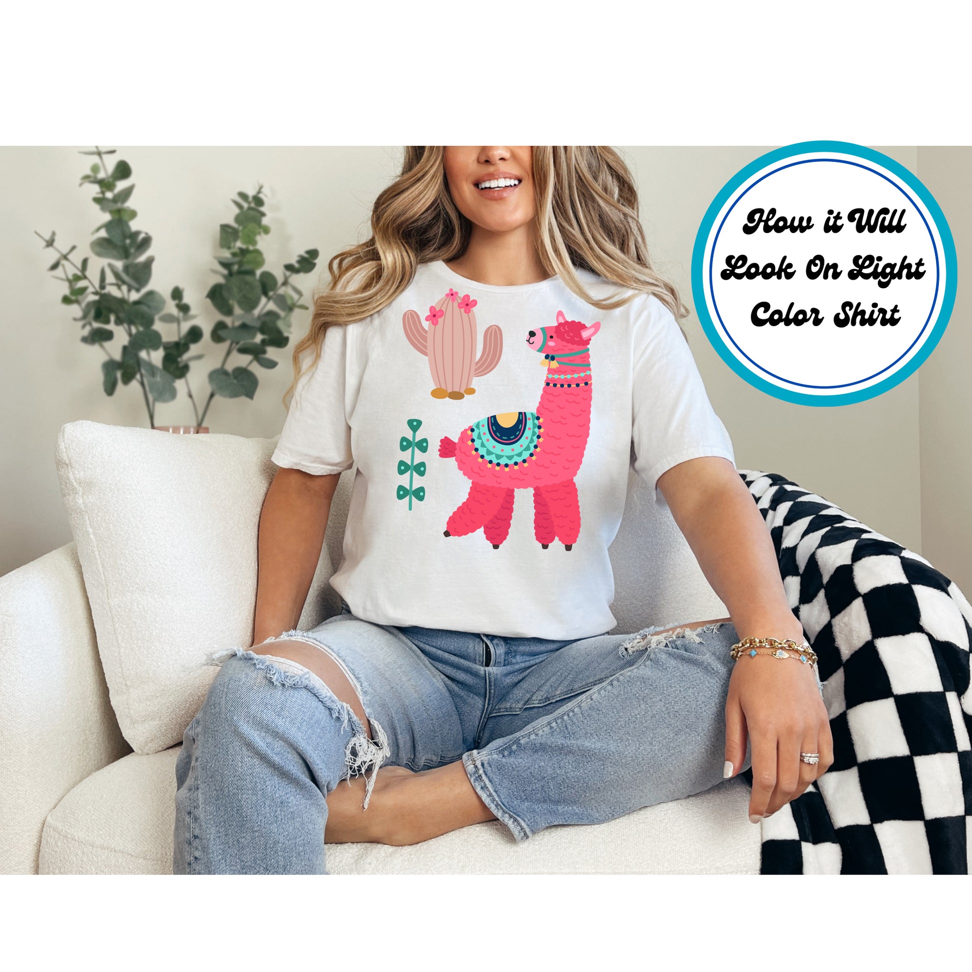 Pink fluffy llama with colorful blankets, beaded necklace, and cactus elements in a boho Southwest aesthetic.