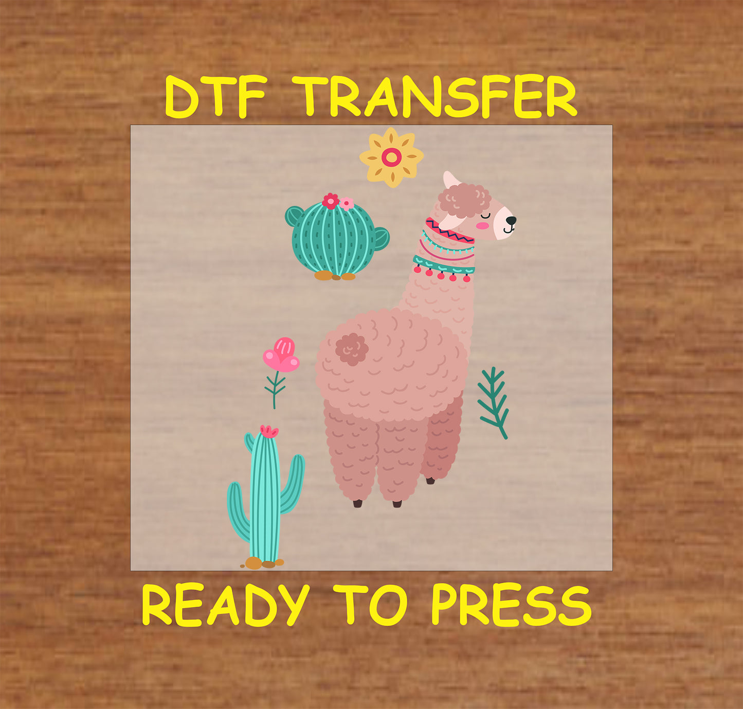 Brown fluffy llama with boho accessories, surrounded by cacti, flowers, and a sun in a Southwest-style aesthetic.