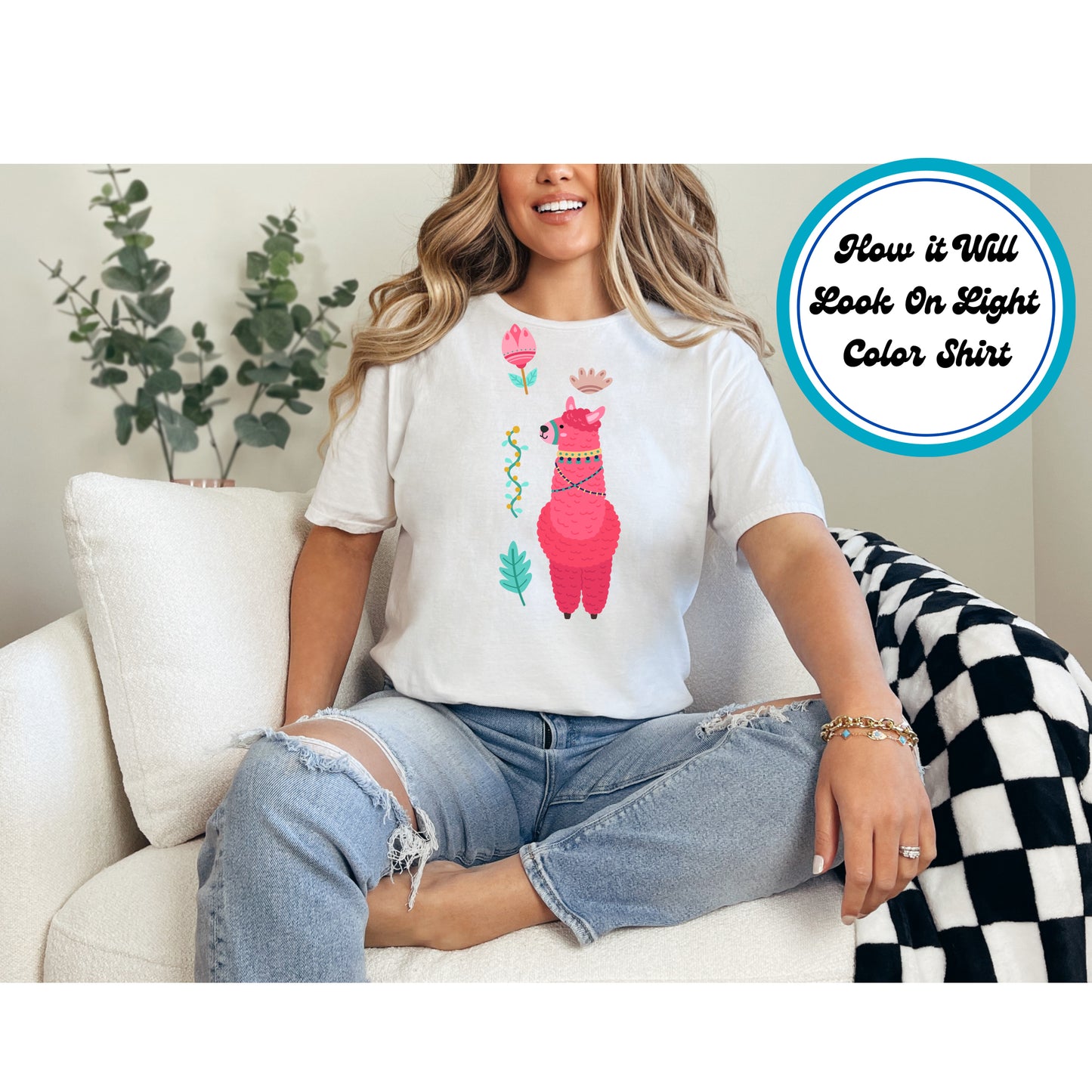 Pink llama with boho accessories, surrounded by flowers and leaves, in a playful Southwest-inspired design.