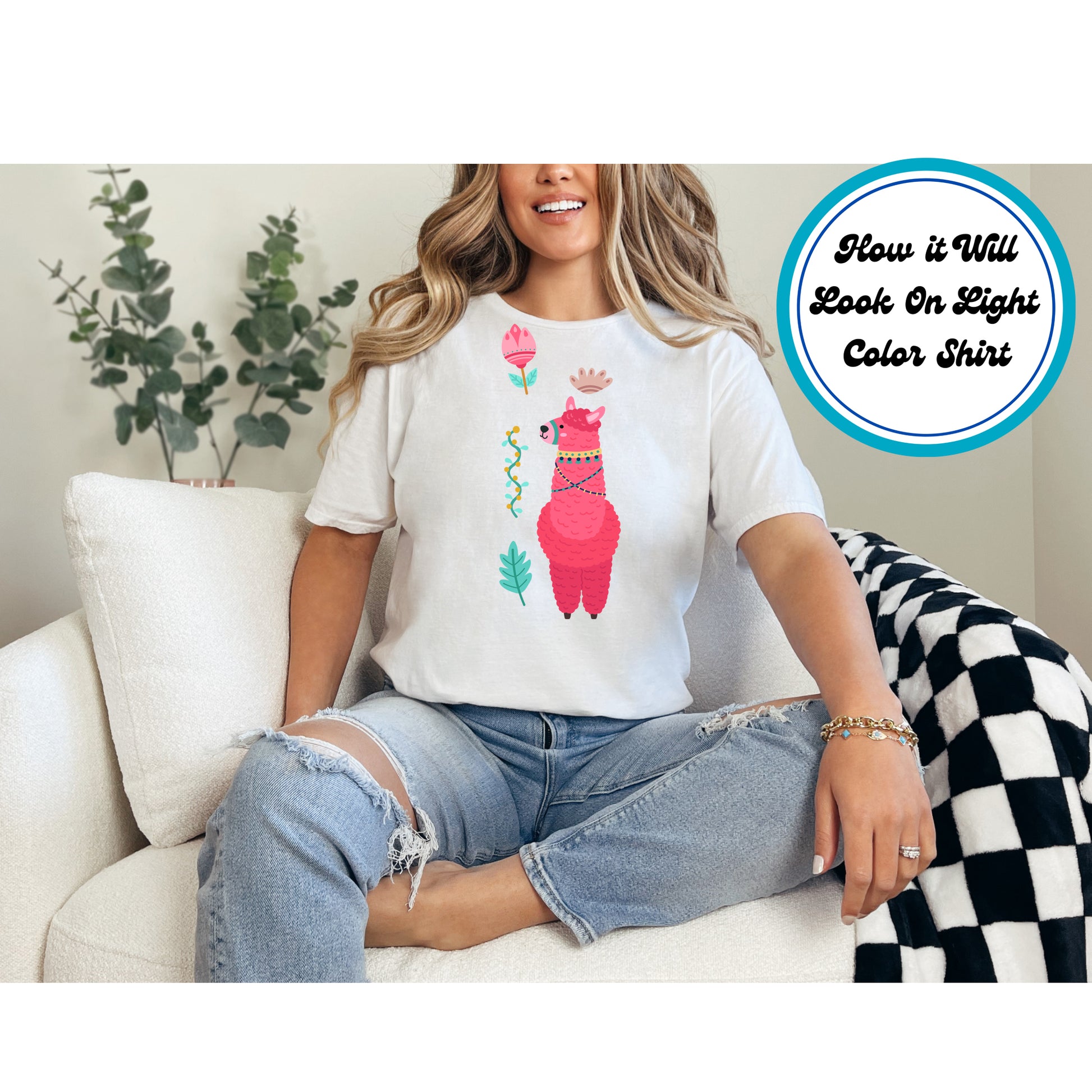 Pink llama with boho accessories, surrounded by flowers and leaves, in a playful Southwest-inspired design.