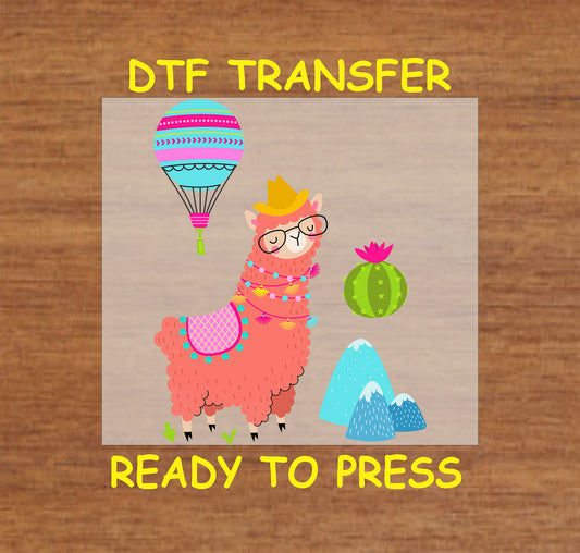 Stylish llama wearing glasses and a hat, with a hot air balloon, mountains, and cactus.