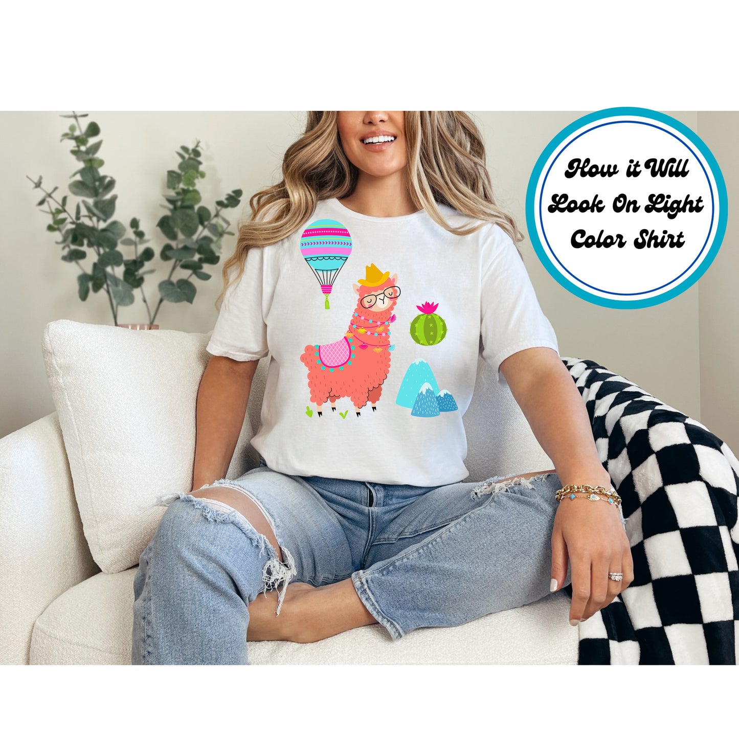 Stylish llama wearing glasses and a hat, with a hot air balloon, mountains, and cactus.