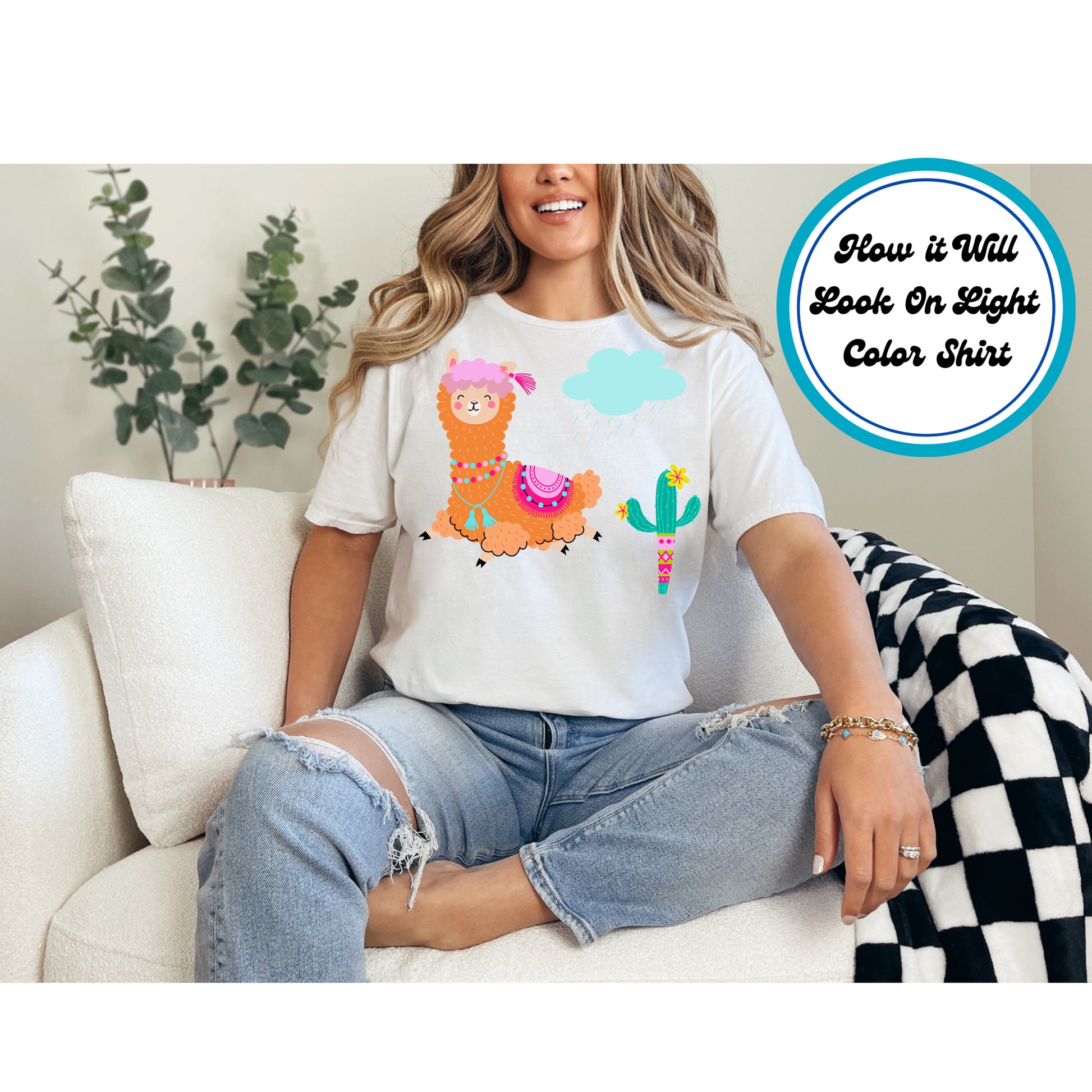 Cute boho llama with tassels, a rain cloud, and a flowering cactus.