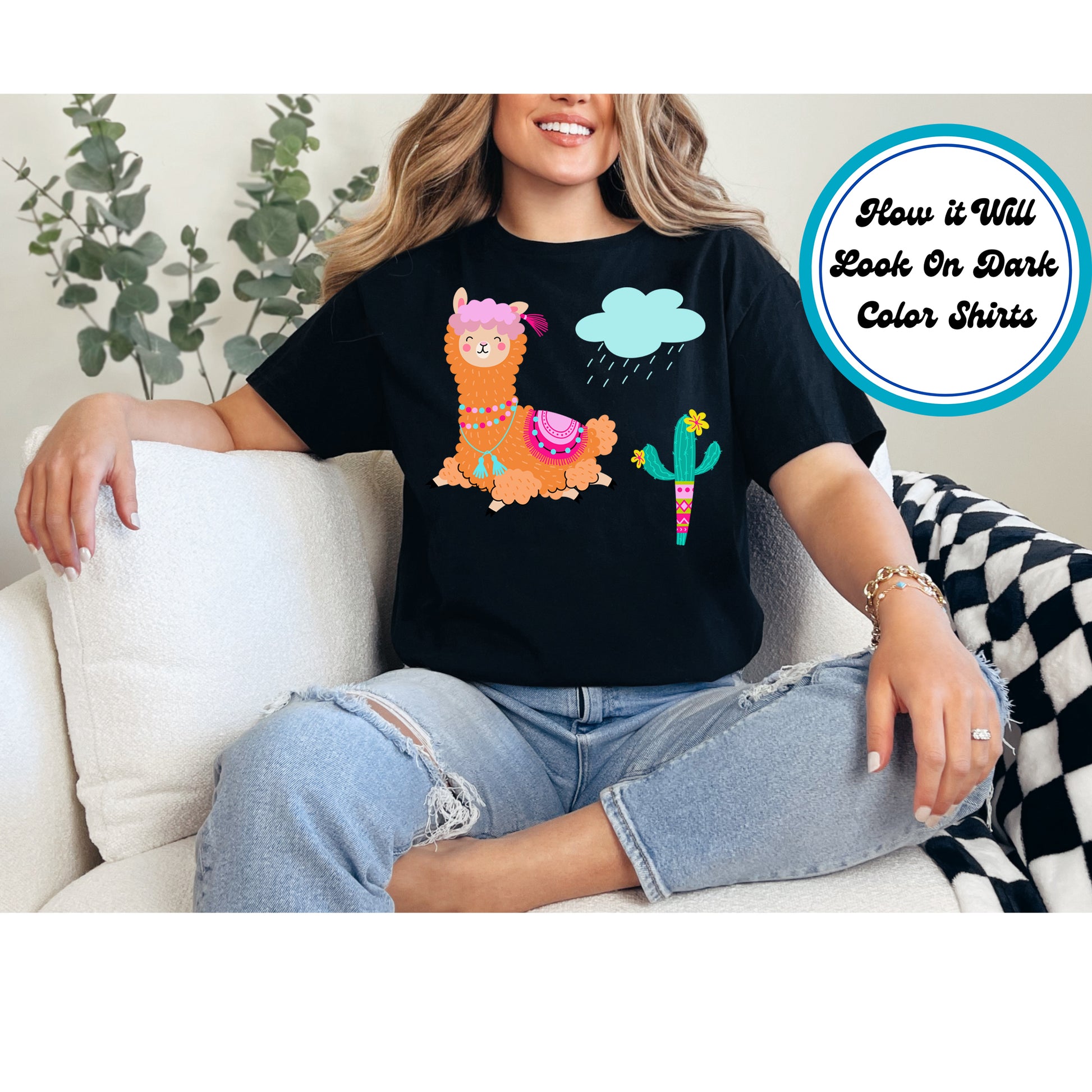 Cute boho llama with tassels, a rain cloud, and a flowering cactus.