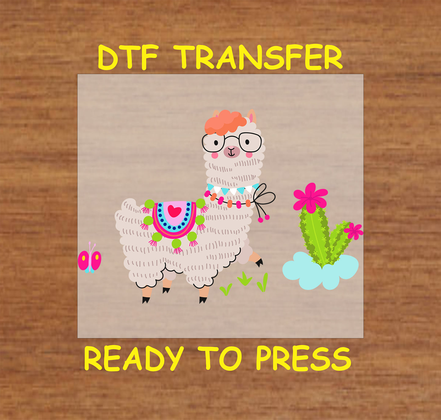 Fluffy boho llama with glasses, colorful tassels, and a blooming cactus.
