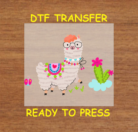 Fluffy boho llama with glasses, colorful tassels, and a blooming cactus.