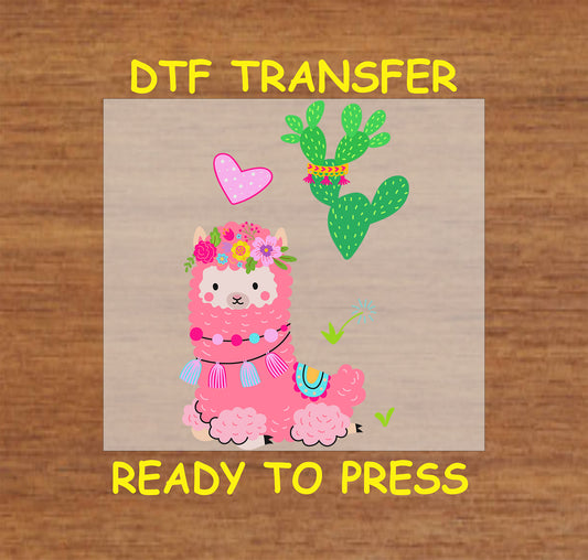 Cute pink boho llama with a floral crown, tassels, and a green cactus.