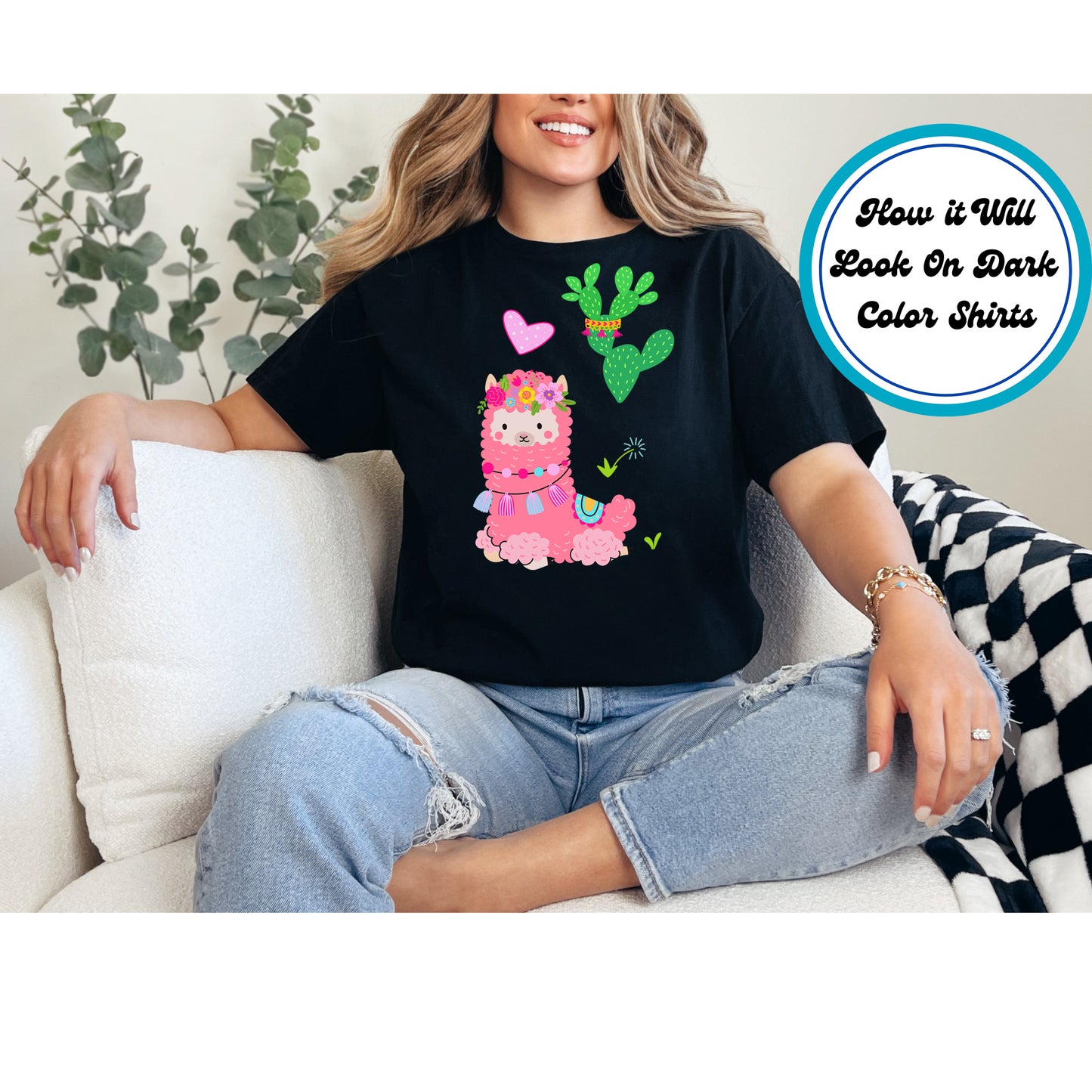 Cute pink boho llama with a floral crown, tassels, and a green cactus.