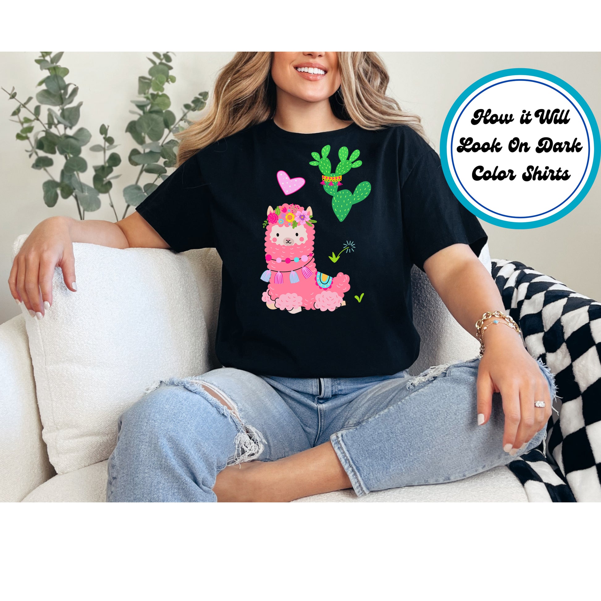 Cute pink boho llama with a floral crown, tassels, and a green cactus.