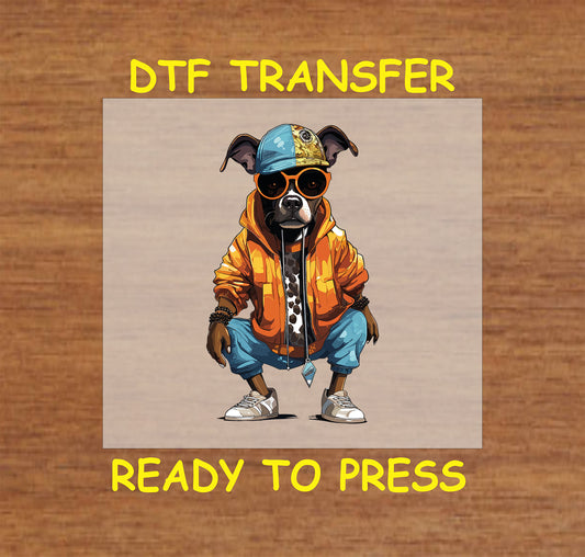 Trendy dog wearing an orange hoodie, sunglasses, and a cap in hip-hop style.