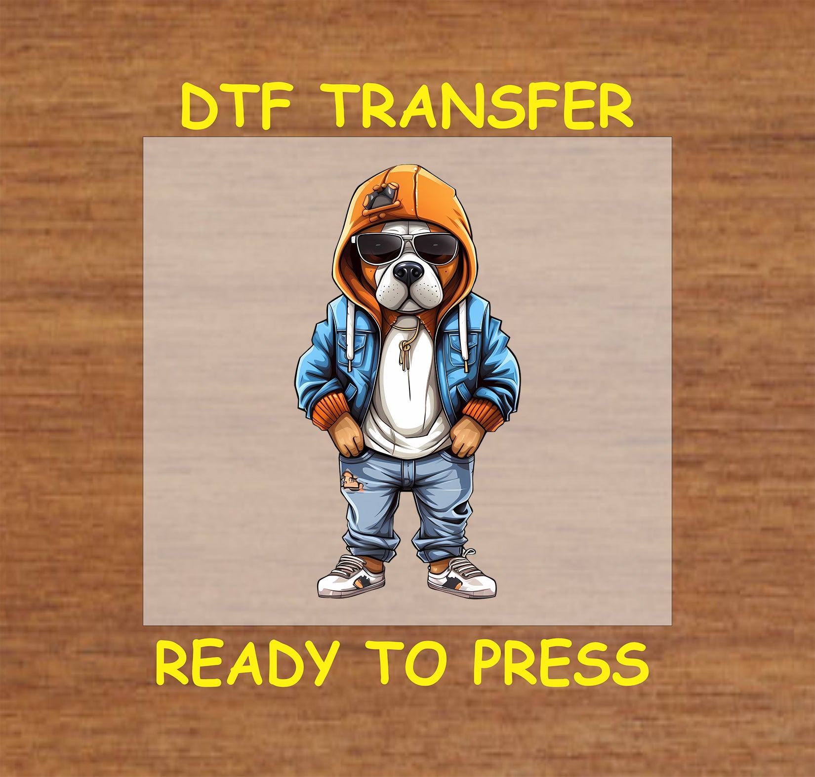 Dog in a blue and orange hoodie, ripped jeans, sunglasses, and a chain necklace in a streetwear style.