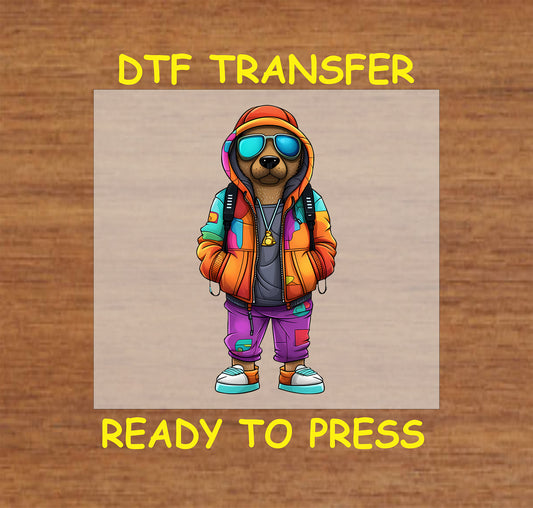 Dog in a multicolor puffer hoodie, sunglasses, and a gold chain in a streetwear style.