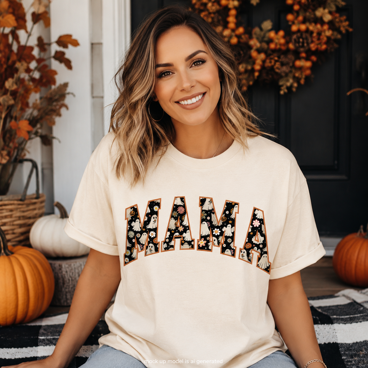 A woman wearing a cream-colored t-shirt with 'MAMA' printed across the chest in a black floral pattern with orange outlines. She is sitting outdoors in a fall-themed setting with pumpkins and autumn decorations.