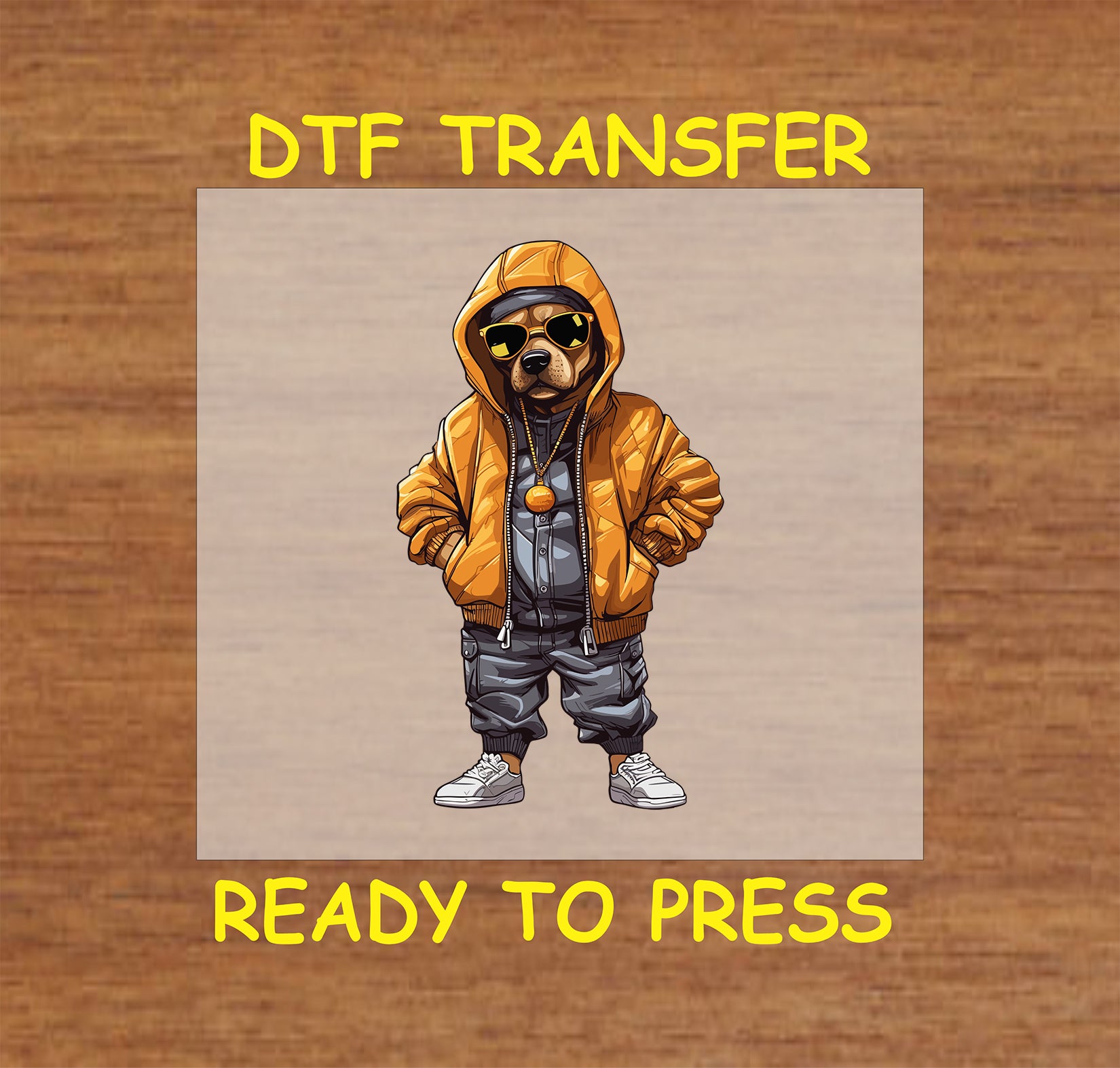 Dog wearing a gold puffer hoodie, sunglasses, and chains in a streetwear style.