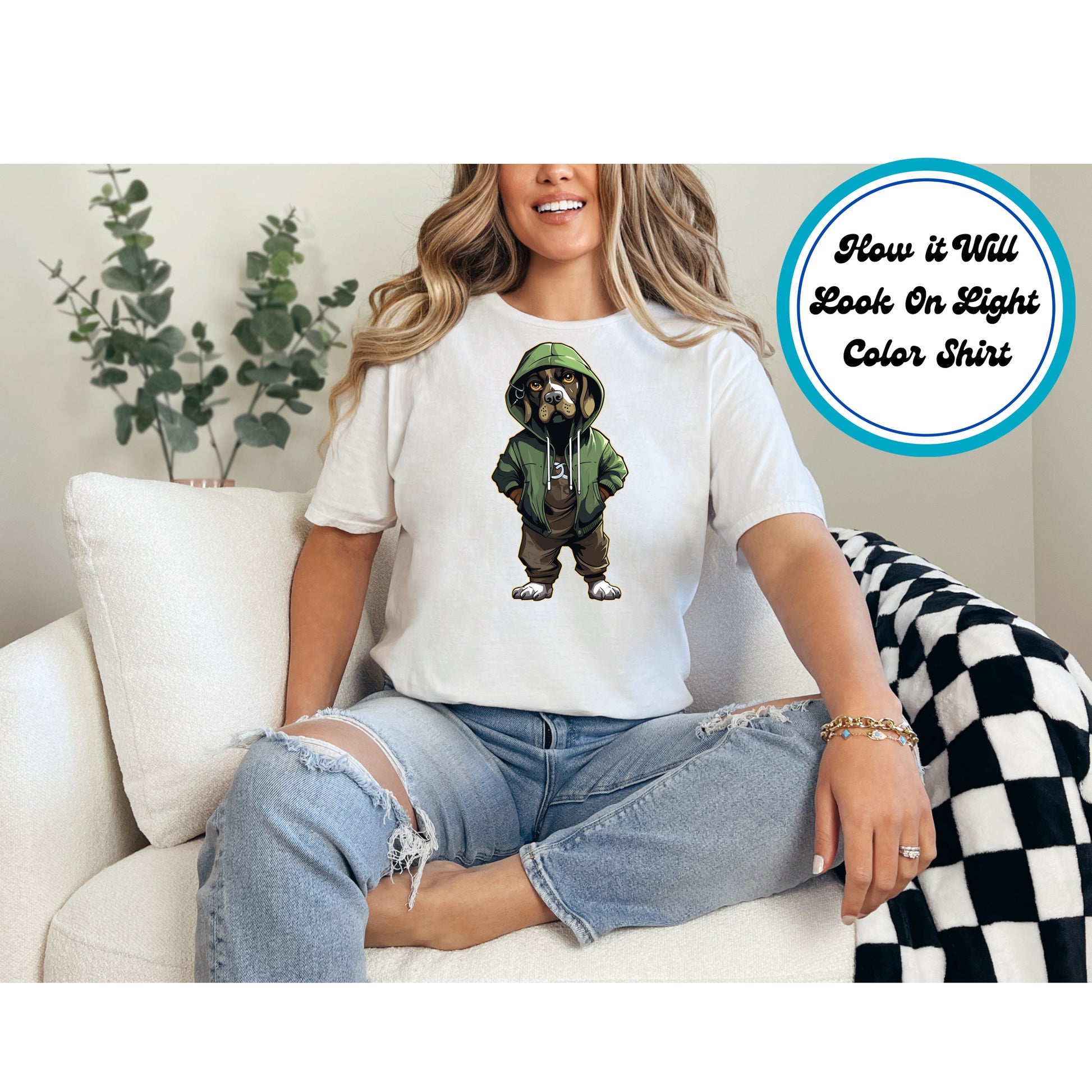 Dog in green hoodie and brown pants with a streetwear pose.