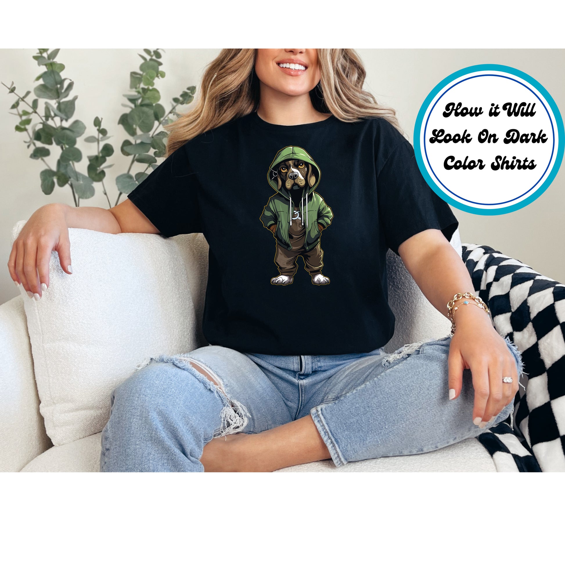 Dog in green hoodie and brown pants with a streetwear pose.