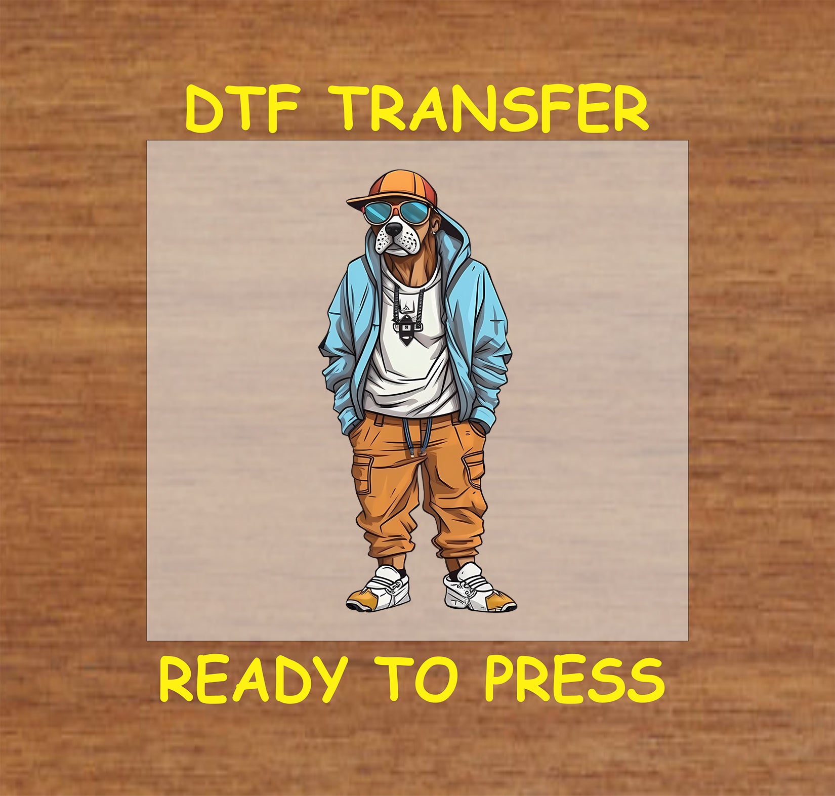 Dog in a blue jacket, orange cap, and sunglasses with an urban streetwear look.