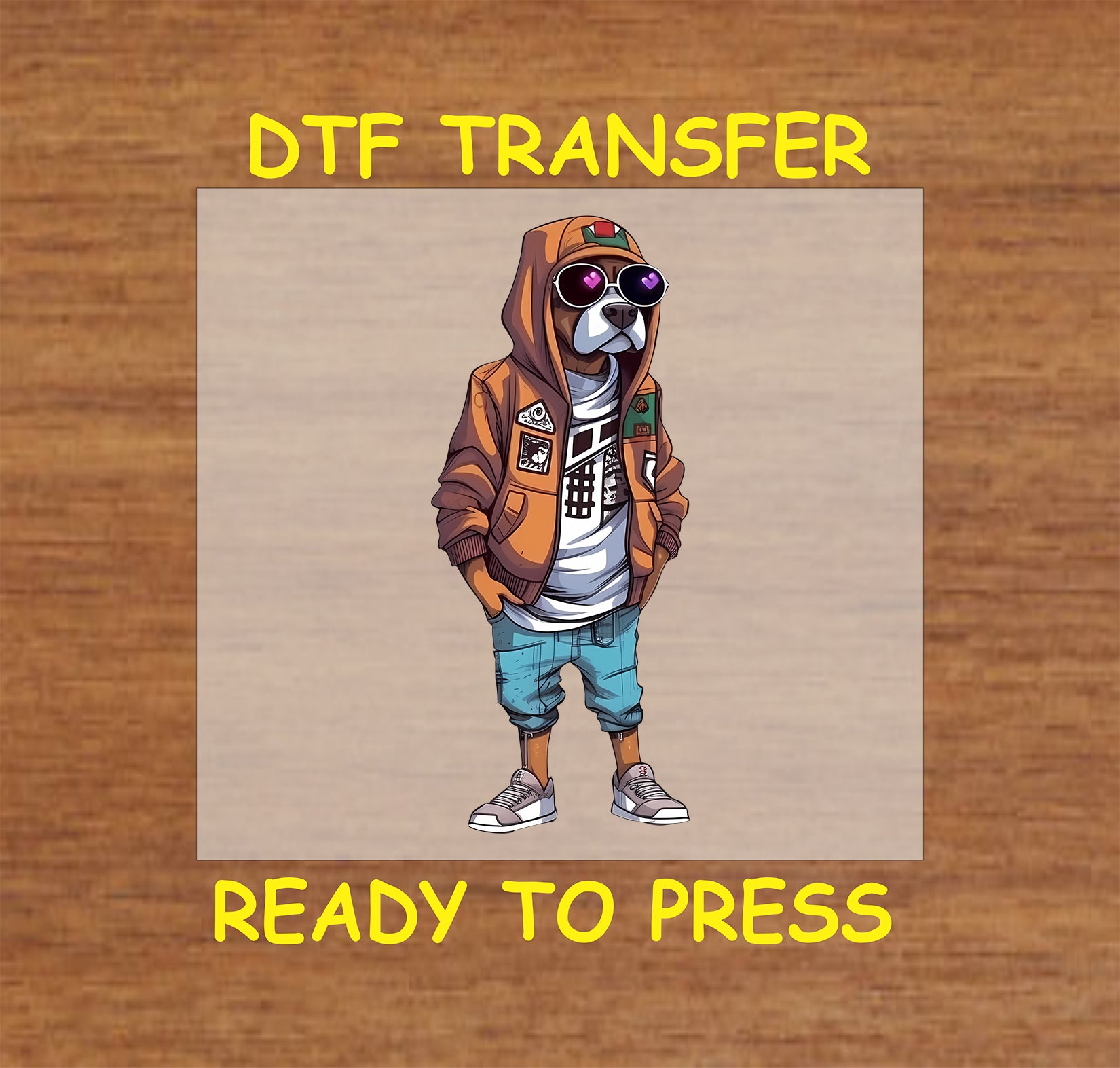 Dog wearing a brown hoodie, denim shorts, and sunglasses with an urban streetwear look.