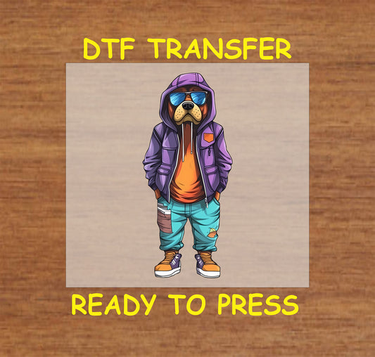 Dog in a purple hoodie, orange shirt, teal pants, and sunglasses with an urban streetwear look.