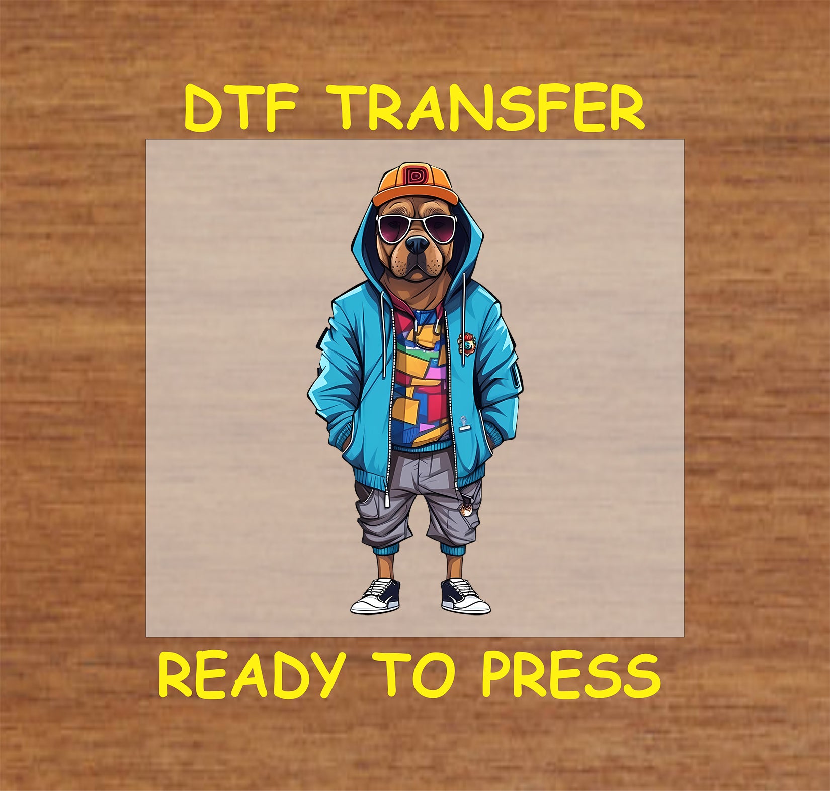 Dog in a blue hoodie, geometric shirt, gray shorts, and sunglasses with a streetwear look.