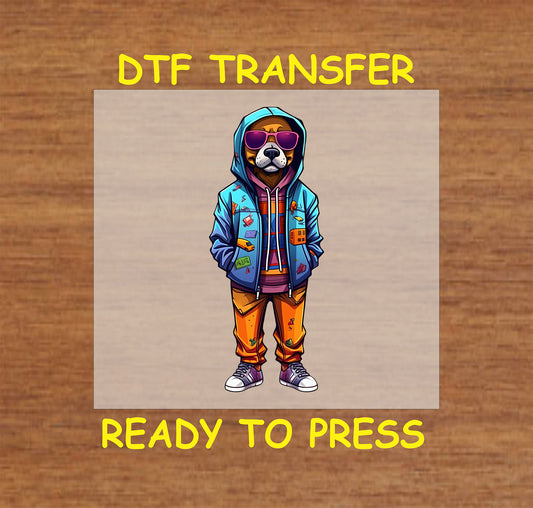 Dog in a blue hoodie, striped hoodie, orange joggers, and sunglasses in an urban streetwear style.